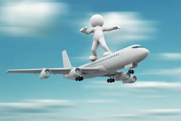 Human character standing over airplane — Stock Photo, Image