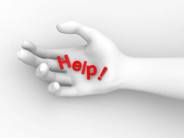 Help inscriptie op menselijke hand — Stockfoto