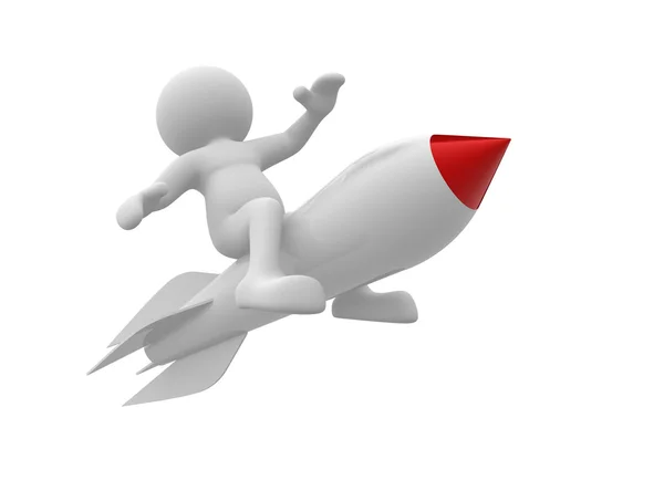 Human character flying on rocket — Stock Photo, Image