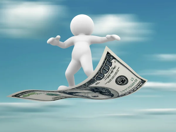 Human character flying on dollar — Stock Photo, Image