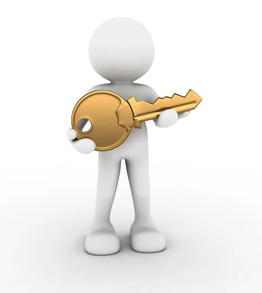 Human character with golden key in hand — Stock Photo, Image