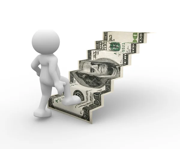 Character going up on dollar stairs — Stock Photo, Image