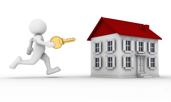 Human character with key in hand and house — Stock Photo, Image