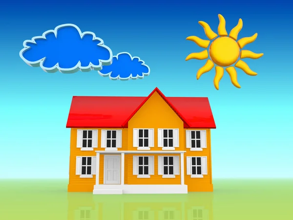 Huis met zon en wolken — Stockfoto