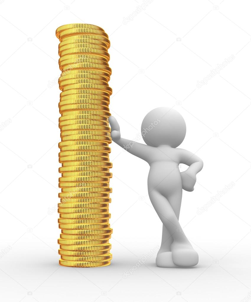 Human character and stack of coins