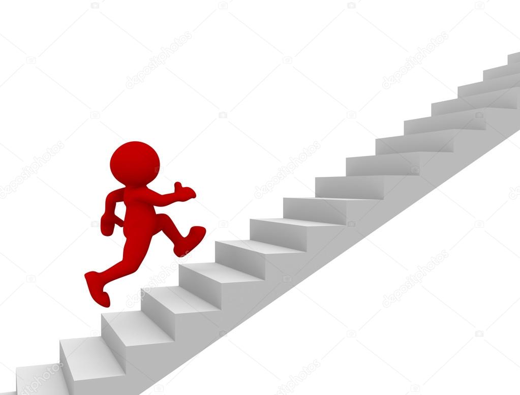 Man character running up on stairs