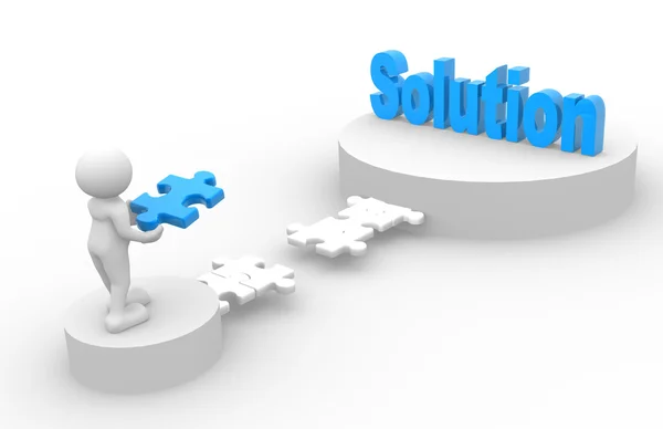 Man with piece of puzzle and word "Solution" — Stock Photo, Image