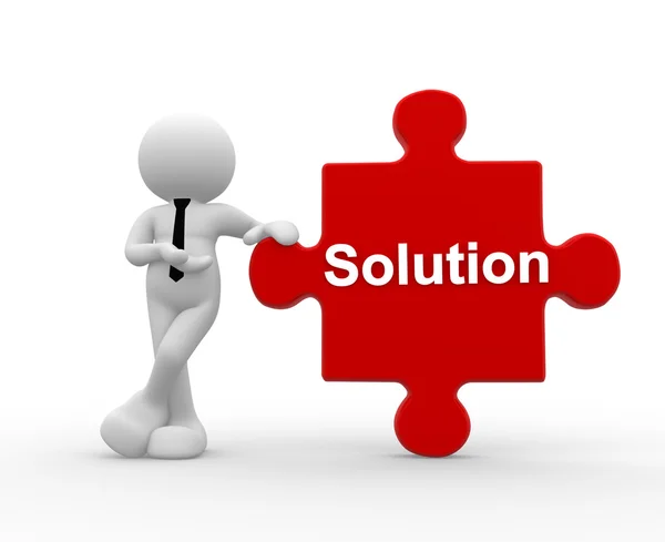 Person with piece of puzzle and word "Solution" — Stock Photo, Image