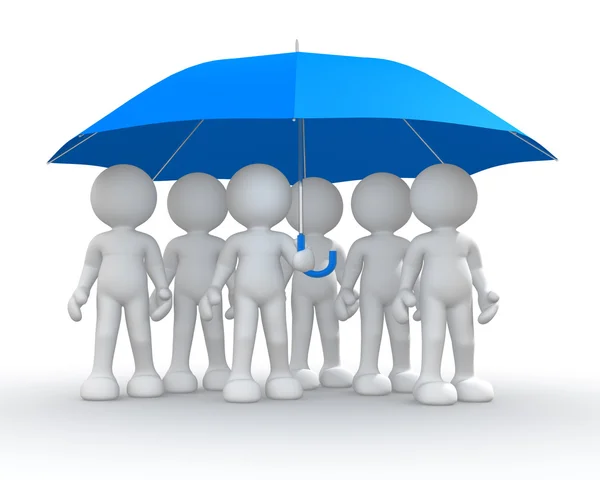 Pessoas sob guarda-chuva azul — Fotografia de Stock