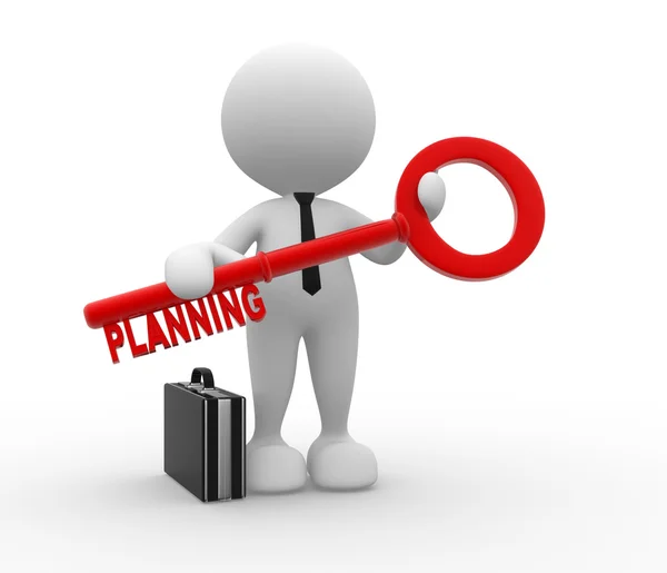 Empresário com uma chave e palavra "planejamento " — Fotografia de Stock