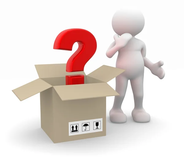 Man and question mark in a package — Stock Photo, Image