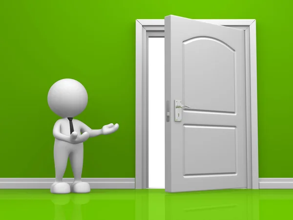 Человек и дверь в зеленой стене — стоковое фото