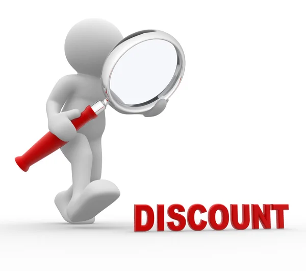 Man with magnifying glass and word "discount" — Stock Photo, Image