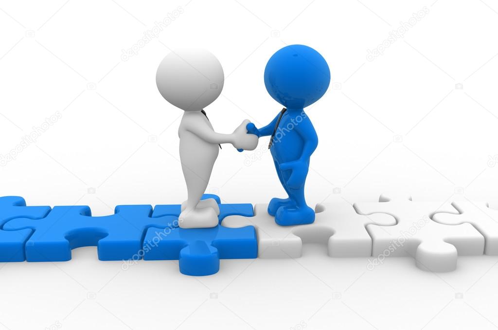 Men shaking hands on puzzle pieces