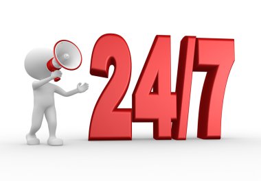 3D adam bir megafon ve işaret 24 Saat