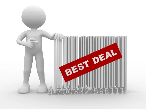 3d man and bar code and sign best deal — Stock Photo, Image