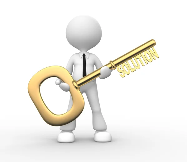 3d man holding key with word solution — Stock Photo, Image