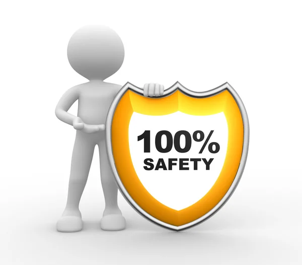 3d man with a shield and sign 100 percent safety — Stock Photo, Image