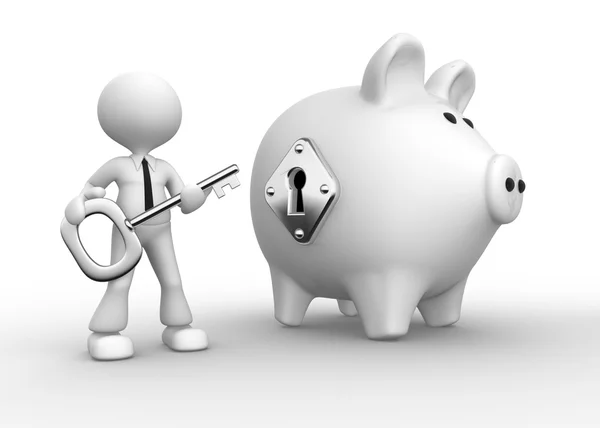 3d man with a key and a piggy bank — Stock Photo, Image