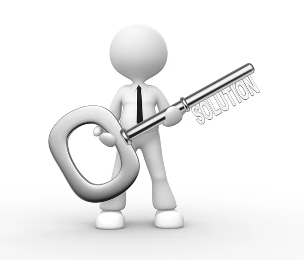 3d man  holding key with word solution — Stock Photo, Image