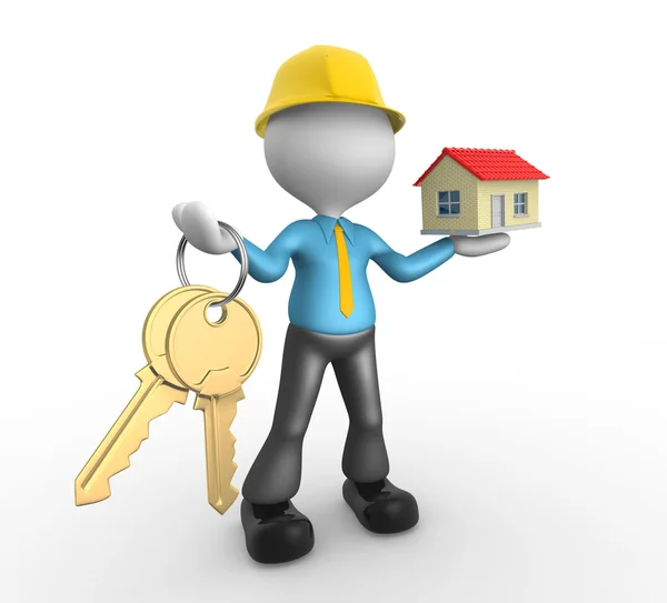 3d man with keys in hand, and a house — Stock Photo, Image