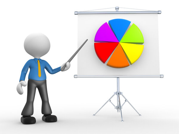 3d man presents pie chart