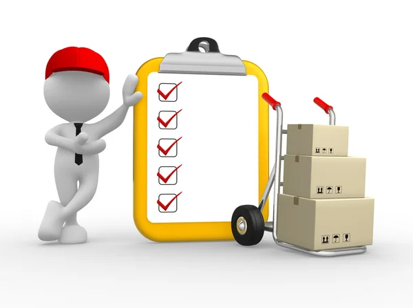 Postman with clipboard and  hand truck. — Stock Photo, Image