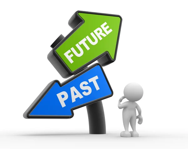 Man with signs with PAST and FUTURE pointing in opposite directions — Stock Photo, Image