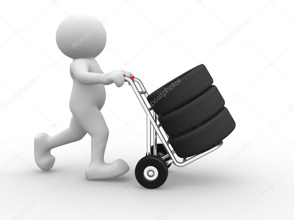 3d person and tyre on hand truck.