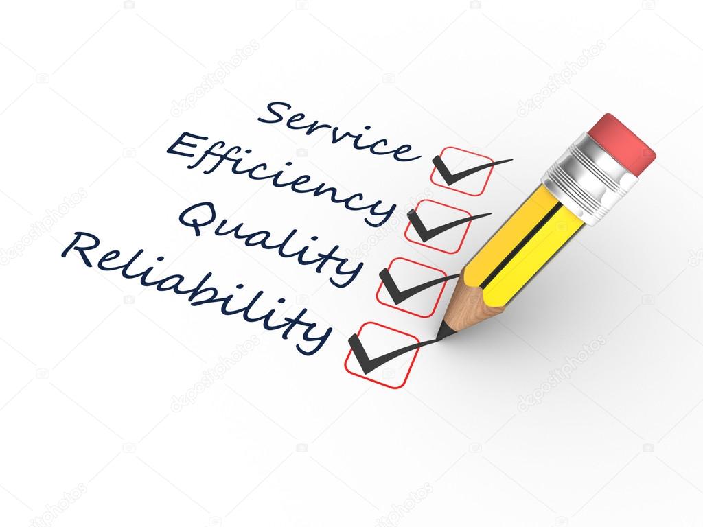 Pencil and words Reliability, Efficiency, Quality, Service