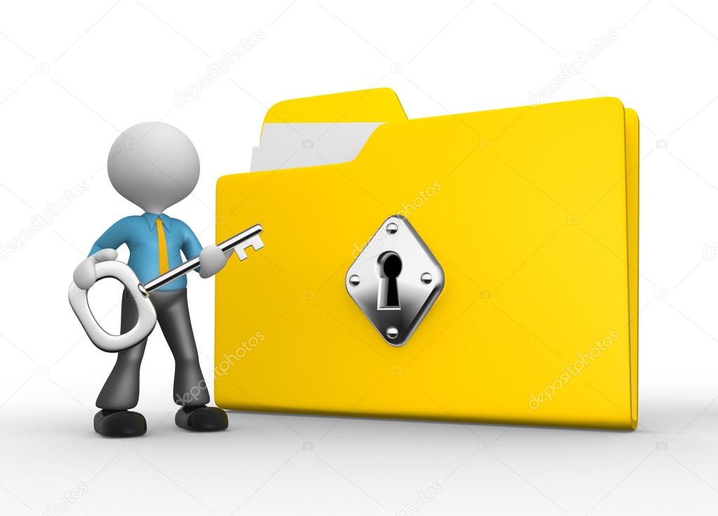 3d man with a folder and a key.