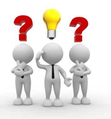 Soru işaretleri ve bir ampul ile işadamları.