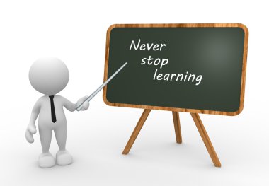 ile adam bir yazı tahtası ve metin öğrenme Never stop