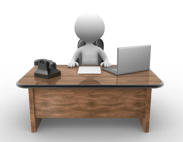 3d hombre sentado en la oficina con el ordenador portátil y teléfono — Foto de Stock