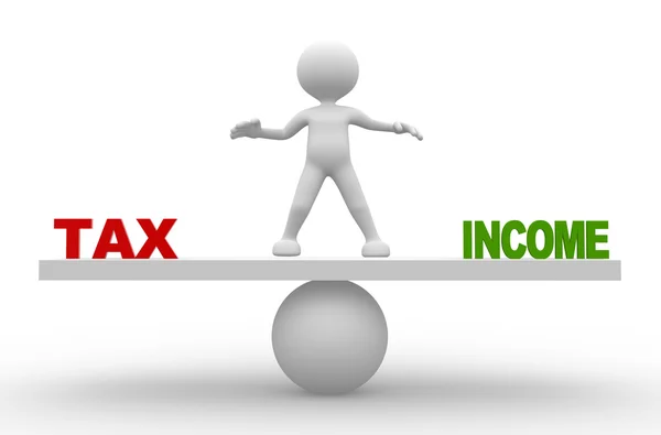 3d  man  with words tax and income on balance scale — Stock Photo, Image