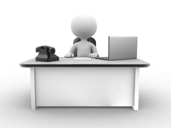 3D człowiek siedzi w biurze z laptopa i telefon — Zdjęcie stockowe