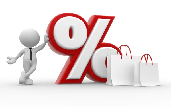 Pessoa com sinal percentual e saco de compras — Fotografia de Stock
