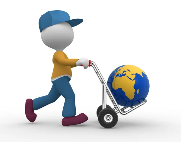 Person with hand truck and earth globe — Stock Photo, Image