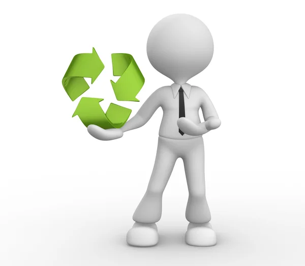 Person zeigt auf Recycling-Symbol — Stockfoto