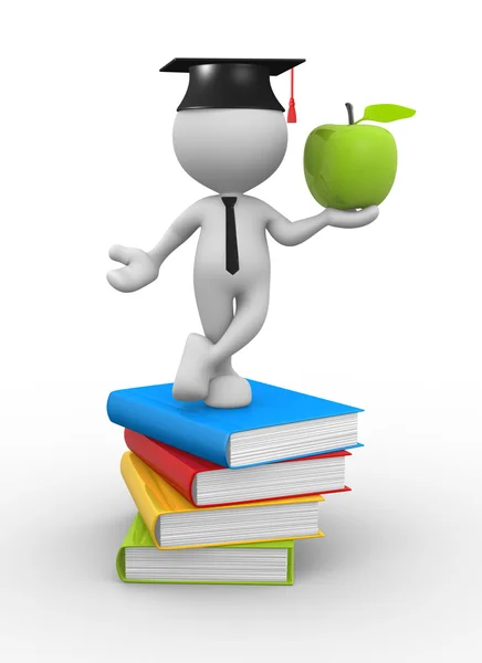 Man with pile of books and an apple. — Stock Photo, Image