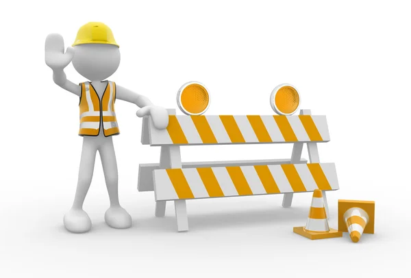 Man and under construction sign Stop — Stock Photo, Image