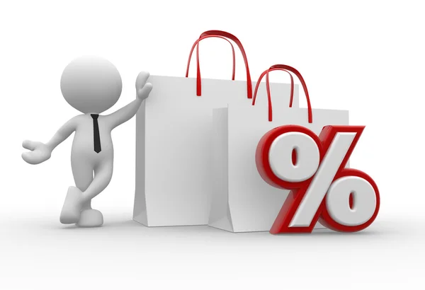 Person with percent sign and shopping bag — Stock Photo, Image