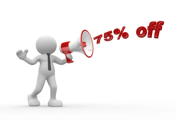 3d man and megaphone and sign Off 75 percent — Stock Photo, Image