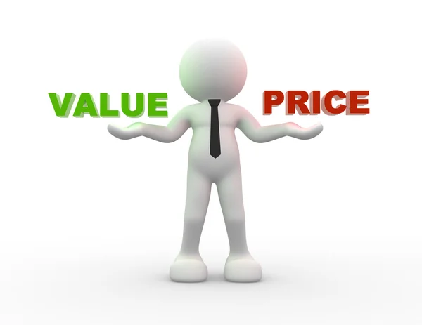 3D muž s slova hodnoty a ceny — Stock fotografie