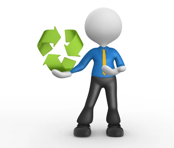 Person zeigt auf Recycling-Symbol — Stockfoto