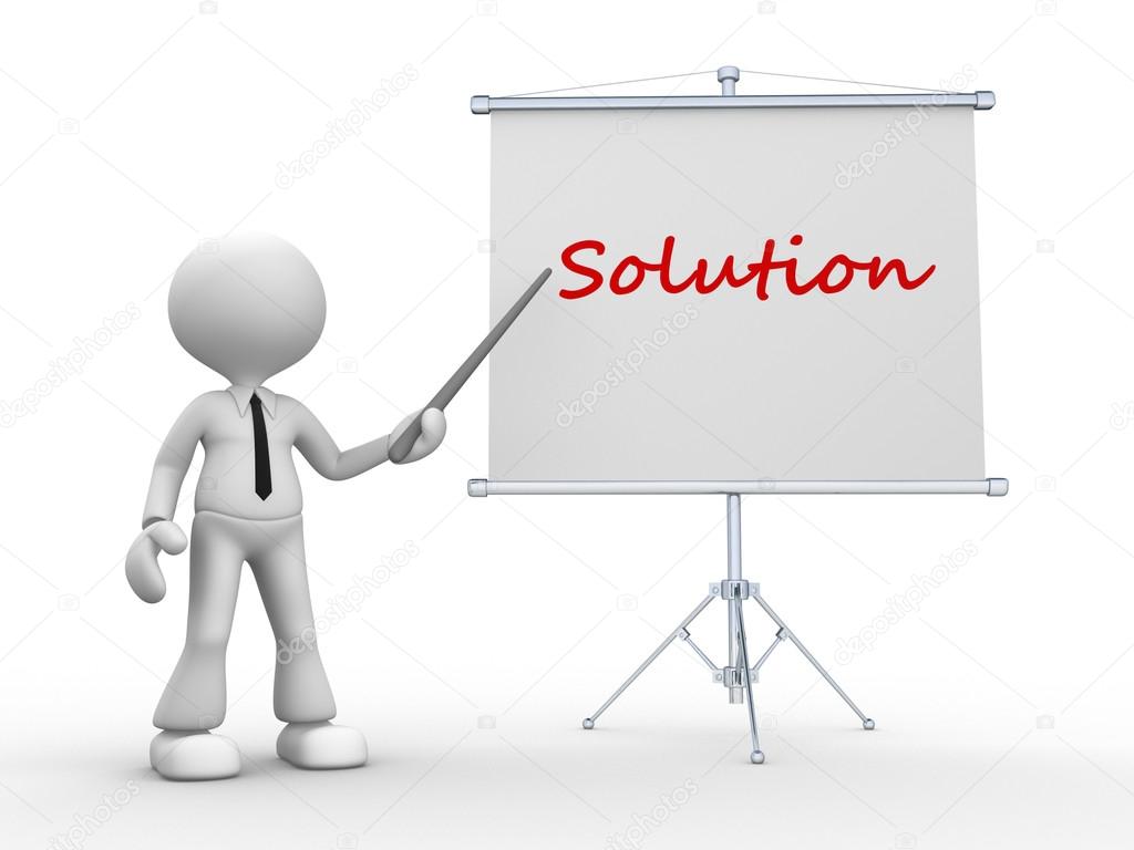 3d man pointing a flip board and word Solution