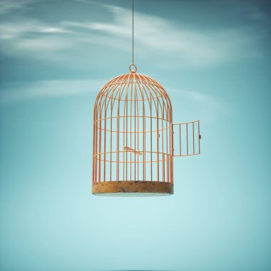 Açık kuş kafesi, özgürlüğü ve olasılıkları davet eden açık mavi gökyüzüne asılır. Bu 3 boyutlu bir çizim.