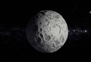 Close-up of the moon displaying its craters and texture, set against a backdrop of stars and galaxies in space, illustrating the beauty of the night sky. This is a 3d render illustration