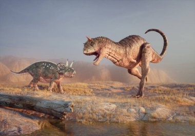 İki dinozor dramatik bir duruş sergiliyor, biri diğerinin üzerinde yükseliyor. Sahnede çimenli düzlükler ve ılık günbatımı renkleriyle boyanmış sakin bir su gövdesi yer alıyor. Bu 3 boyutlu bir çizim.