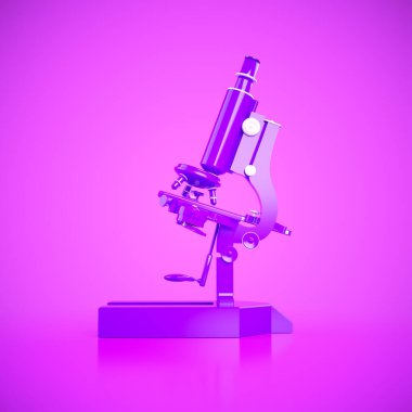 A sleek microscope stands prominently against a vibrant purple background, showcasing its modern design. It emphasizes the importance of scientific exploration and education. This is a 3d render illustration